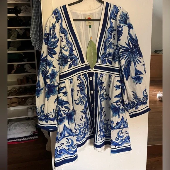 FARM Rio Blue and White Long Sleeve Dress - Picture 2 of 4